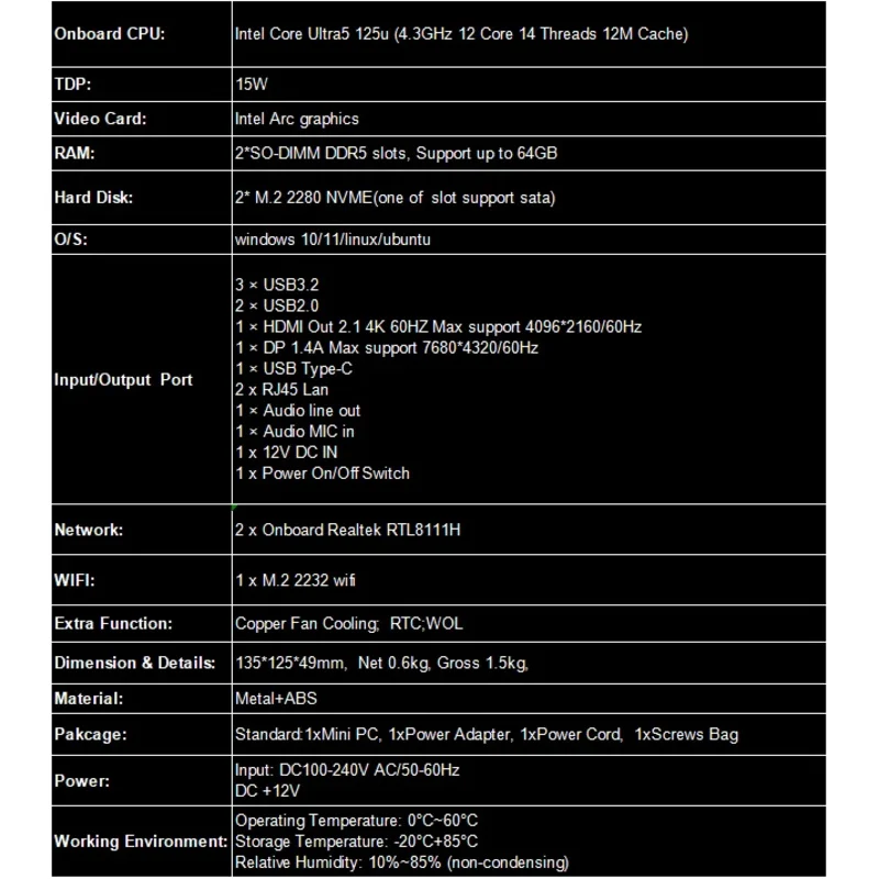14th Gen Ultra5 125u Nuc Nano Small Micro PC 4.3GHz  Gaming Mini PC X86 2 Ethernet Lan Win 10 11 Linux Ubuntu DDR5 Mini PC