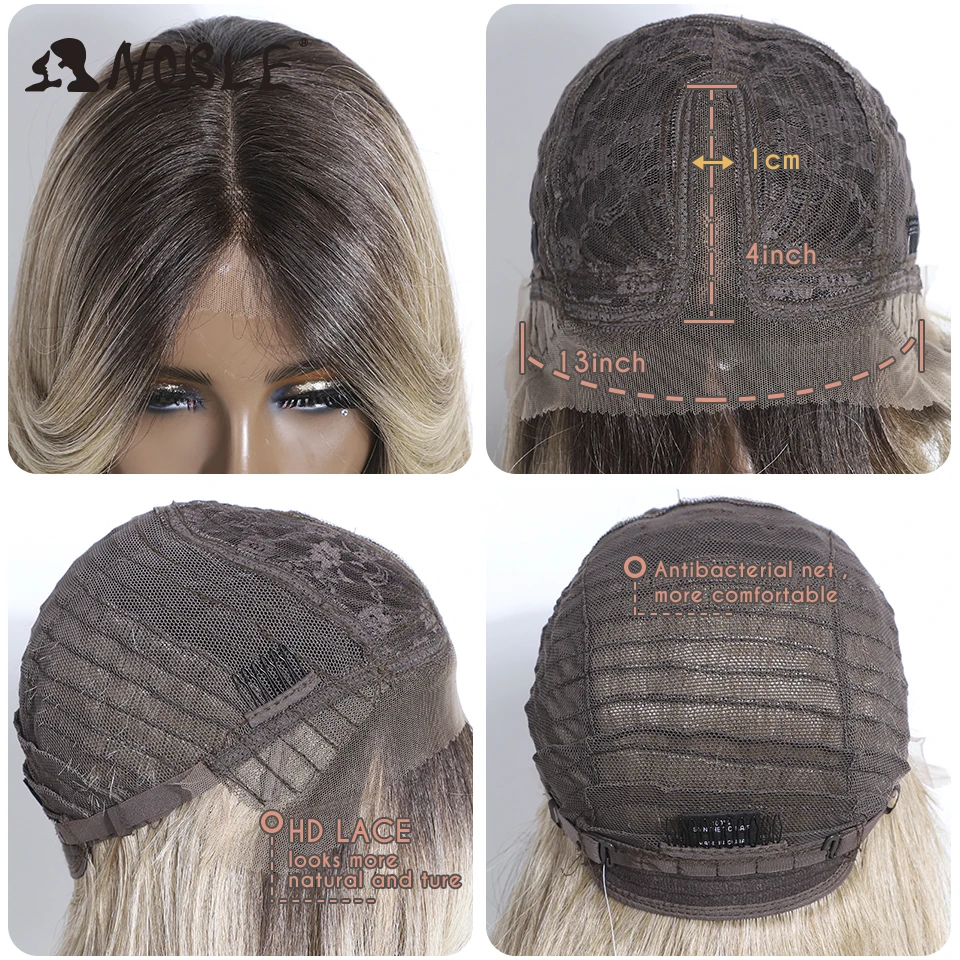 Peluca con malla frontal sintética Noble, peluca de encaje con división recta de 30 ", pelucas rubias ombré para mujer, peluca con flequillo, peluca de encaje resistente al calor