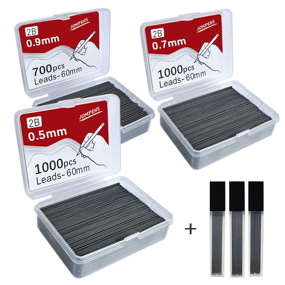 1000 peças lápis mecânico chumbo 0.5 0.7 0.9mm 2b 60mm desenho de arte lápis automático recargas substituíveis com 2 tubos de papelaria