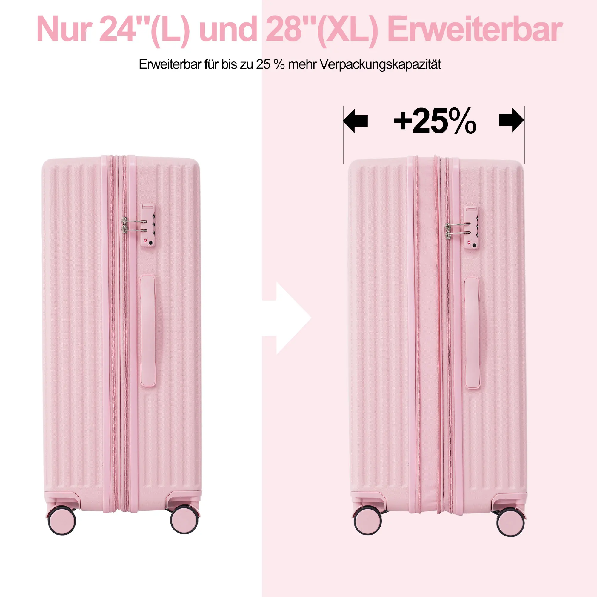 Hartschalen-Koffer, Rollkoffer, Reisekoffer, Handgepäck 4 Rollen, ABS-Material, TSA Zollschloss,55*36*21, rosa