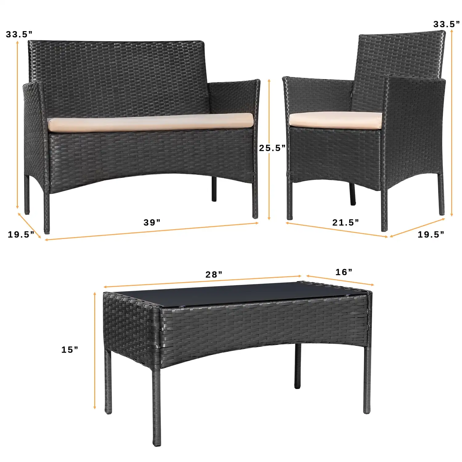 4 Pieces Patio Furniture Set Rattan Outside Furniture Wicker Sofa Garden Conversation Sets with Soft Cushion and Glass Table for