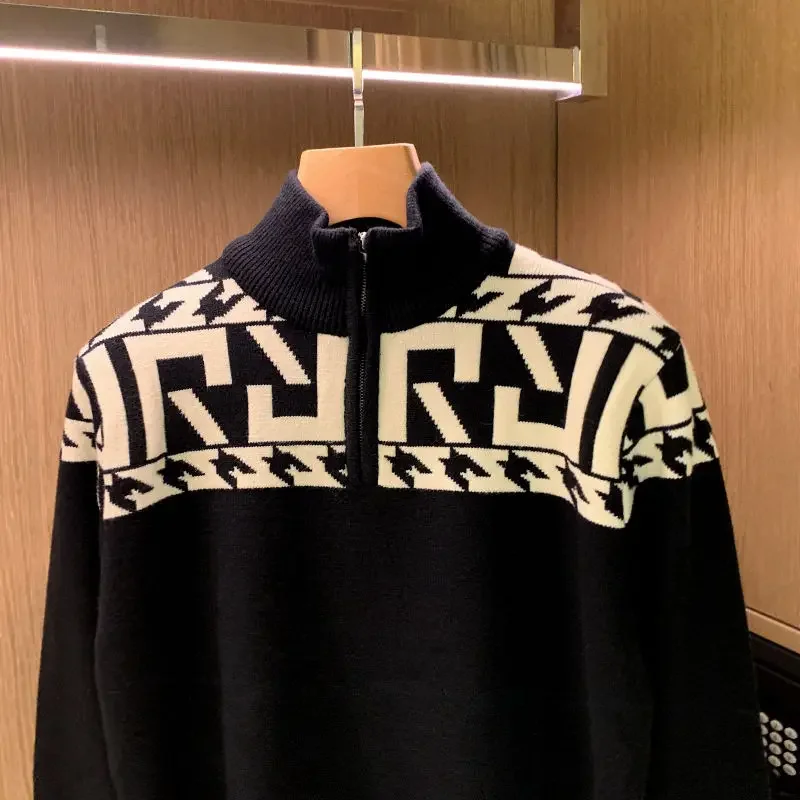 Homem roupas colarinho zip-up blusas de malha para homens jaqueta pulôveres gráficos casaco com zíper maletria moda coreana grande tamanho