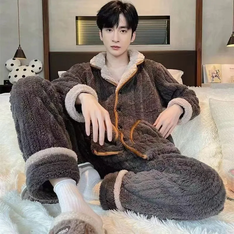Pyjamas Winter Korallen Samt Verdickt und Fleece Langarm Hosen Flanell Zwei-stück Set Gemütliche Thermo Pyjamas Sowohl Männer frauen