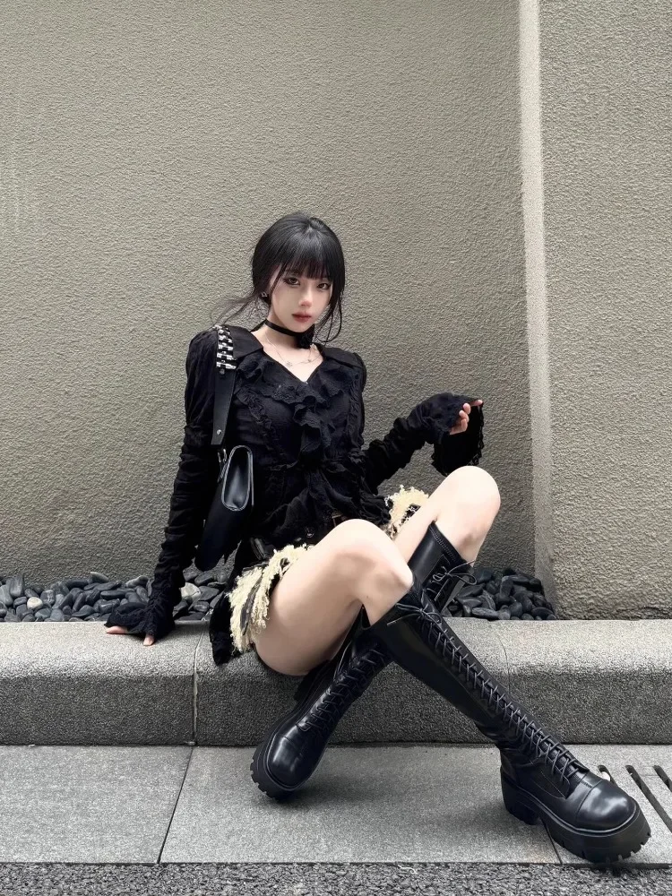 ヴィンテージ V ネック黒シャツ女性春秋の新スリムウエストフリルブラウス Y2k グランジ長袖 Blusas Mujer