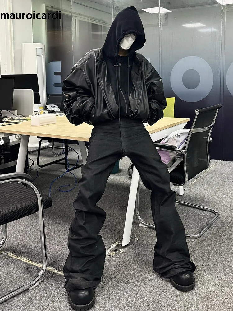 Mauroicardi Herbst Winter Übergroße Kühle Schwarz Verdickte Warme Pu Leder Bomber Jacke Männer Kapuze Luxus Designer Gefälschte 2 Kleidung