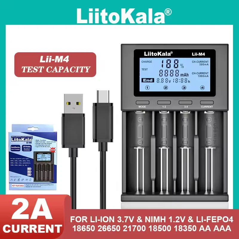 LiitoKala Lii-M4 M4S 18650 จอแสดงผล LCD Smart Charger ทดสอบความจุเหมาะสําหรับ 3.7V 26650 18350 21700 18500 1.2V AA AAA 4 ช่อง