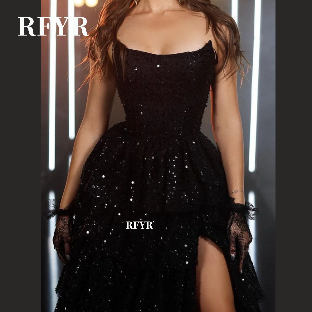 RFYR Glänzendes Abendkleid Trägerlos Vestidos De Noche Glitter Tiered Layers Prom Kleid Applikationen Party Kleid Angepasst