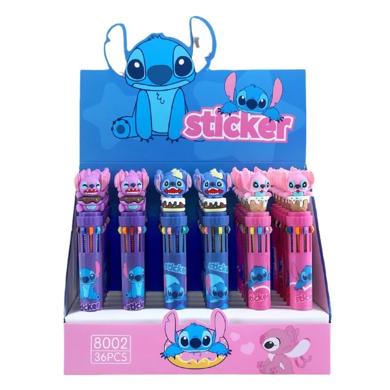 Disney Stitch 36pcs Ballpoint Pen Cartoon 10 Color Marker 0.7mm Kids Graffiti Multicolor Hand-held Pen Students Learn Stationery