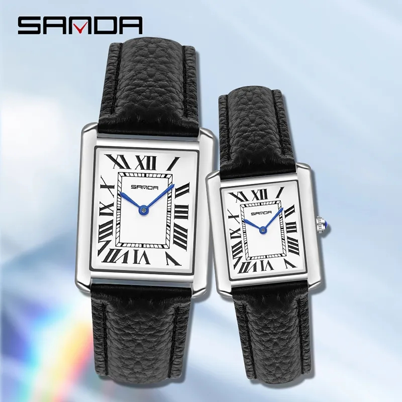 Sanda-relógios de pulso masculinos e femininos, marca de luxo, impermeável, quartzo, com pulseira de couro, quadrado, novo, 1108, 9031