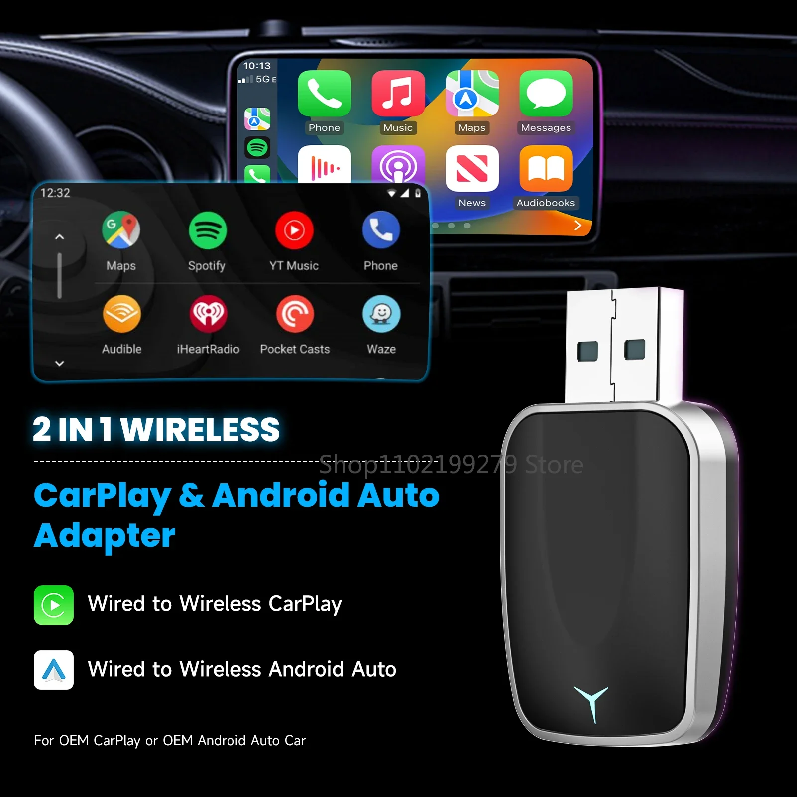 2025 NEW 2 in 1 Wireless Carplay AI Box Android Auto Plug and Play Applicable To Convert Original Car Wired Carplay To Wireless