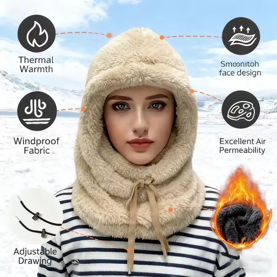 1pcs of Winter Plush Balaclava Hat with Adjustable Drawstring Thick Warm Lightweight One-piece Hat Skiing and Cycling Accessory