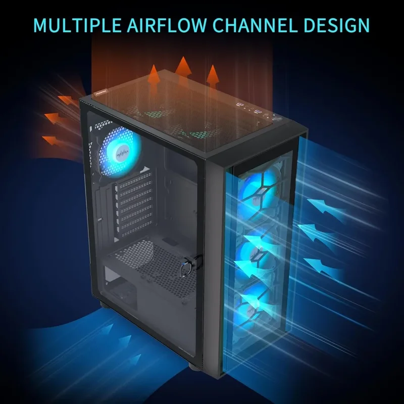 Capa para PC para jogos Mid Tower, 6 ventiladores PWM ARGB pré-instalados, porta de vidro temperado com abertura, USB 3.0 x 2, caixa de computador
