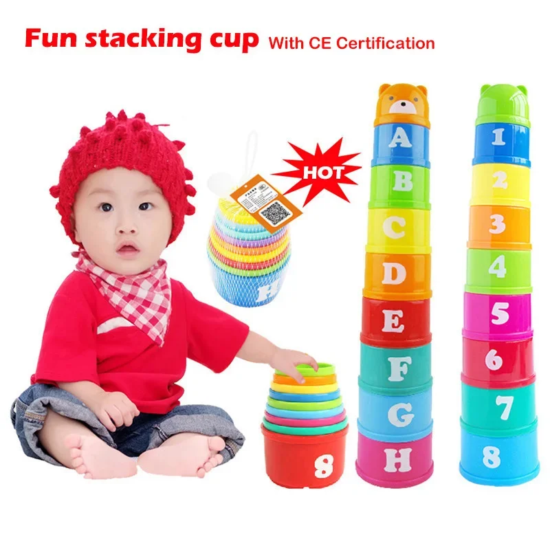 9PCS Fun Rainbow Cups Stacking Cups Figure Letters Baby Educational Toy Fun Stacking Tower Mini Bear Kids Toddler toys