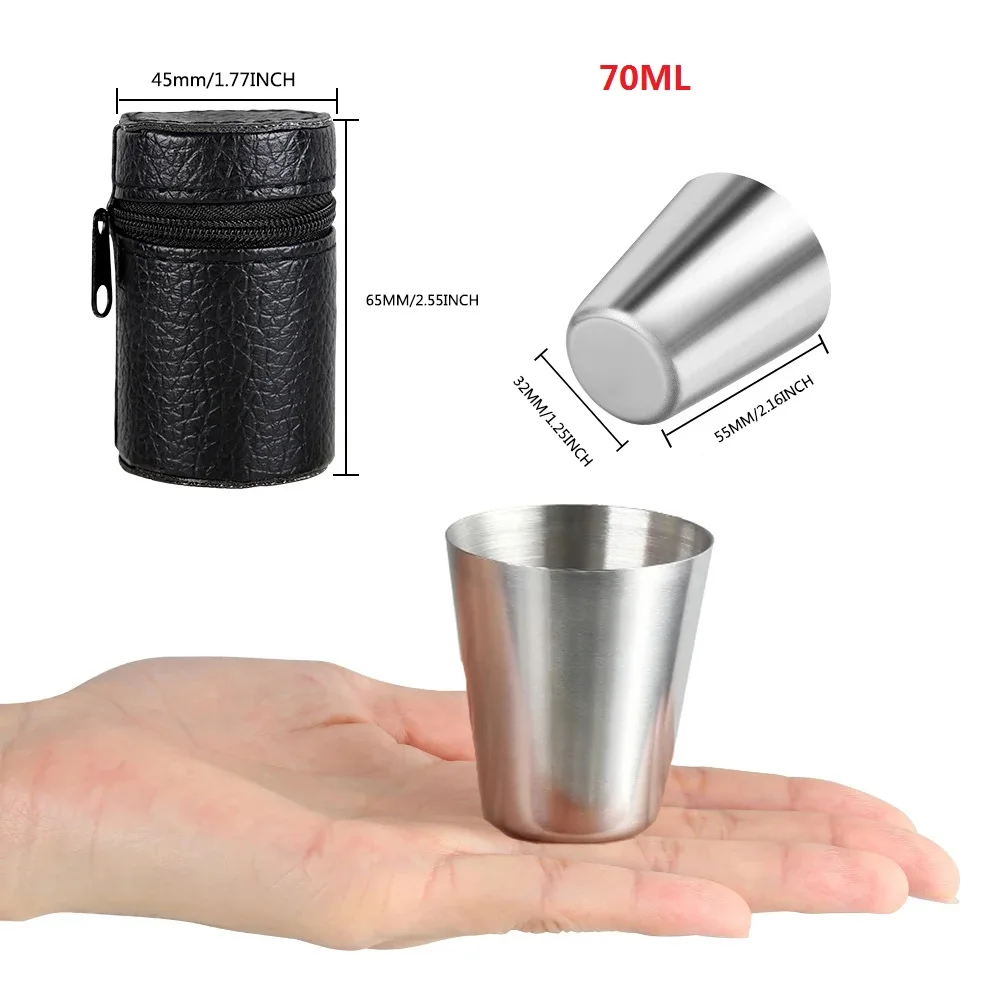 Juego de 4/6 Uds. De tazas de acero inoxidable para viajes prácticos al aire libre, Mini juego de vasos para whisky, vino con estuche, vajilla portátil de 30/70ml