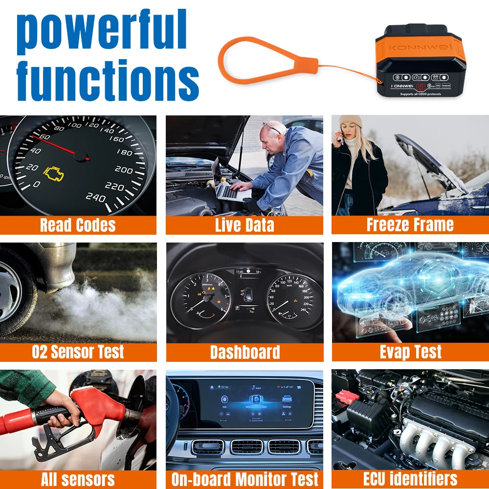 KONNWEI KW906 ELM327 V1.5 OBD2 Scanners de falhas de carro Bluetooth 5.0 Ferramenta de diagnóstico OBDII para leitor de código Android/IOS