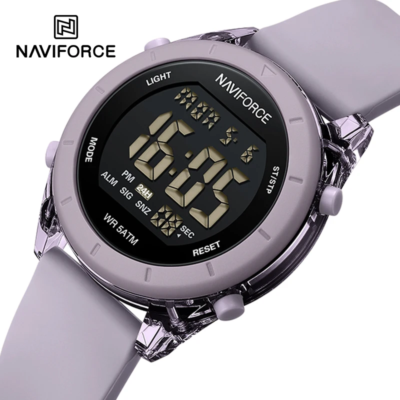 NAVIFORCE คุณภาพสูงนาฬิกาผู้หญิง 50 M กันน้ํา LCD Digital Display นาฬิกาข้อมืออิเล็กทรอนิกส์สําหรับผู้หญิงซิลิโคนนาฬิกาหญิง