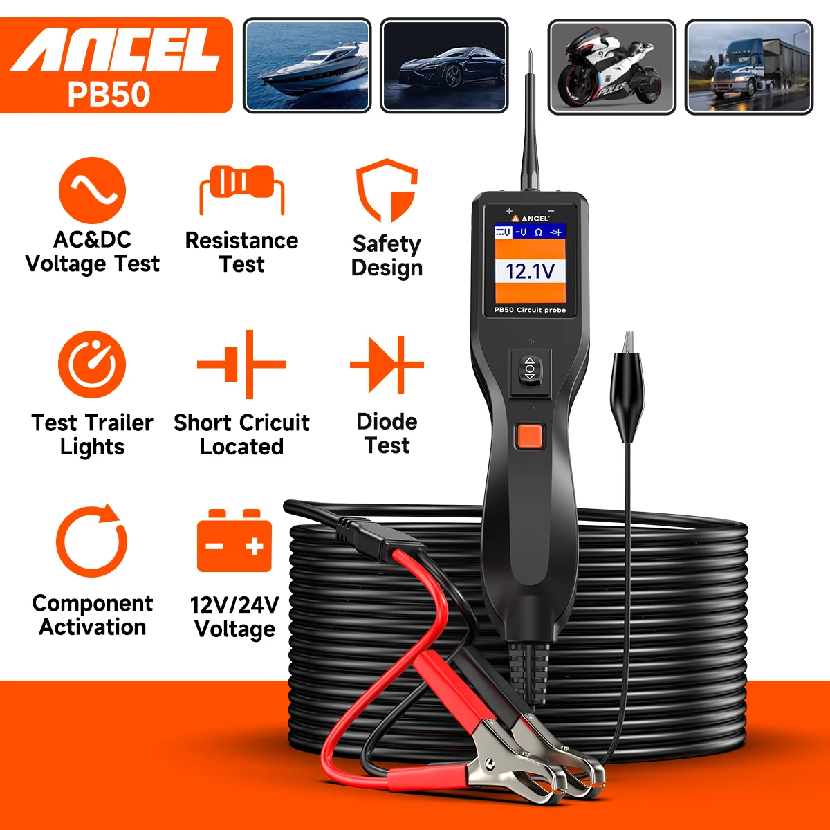 ANCEL PB50 12/24V probador de circuito eléctrico de coche sonda pluma probador prueba resistente voltaje Kit de sonda de potencia prueba de batería automática