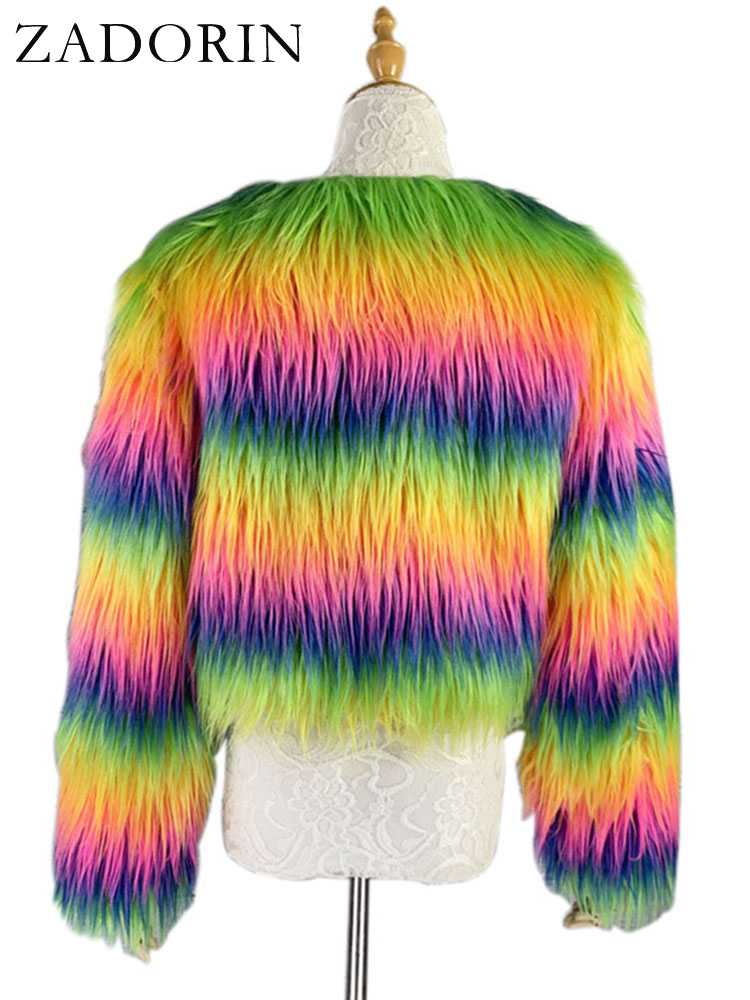 ZADORIN Mode Kleurrijke Regenboog Harige Faux Bontjas Vrouwen Crop Top Herfst Winter Pluizige Cropped Bont Jas Festival Kleding