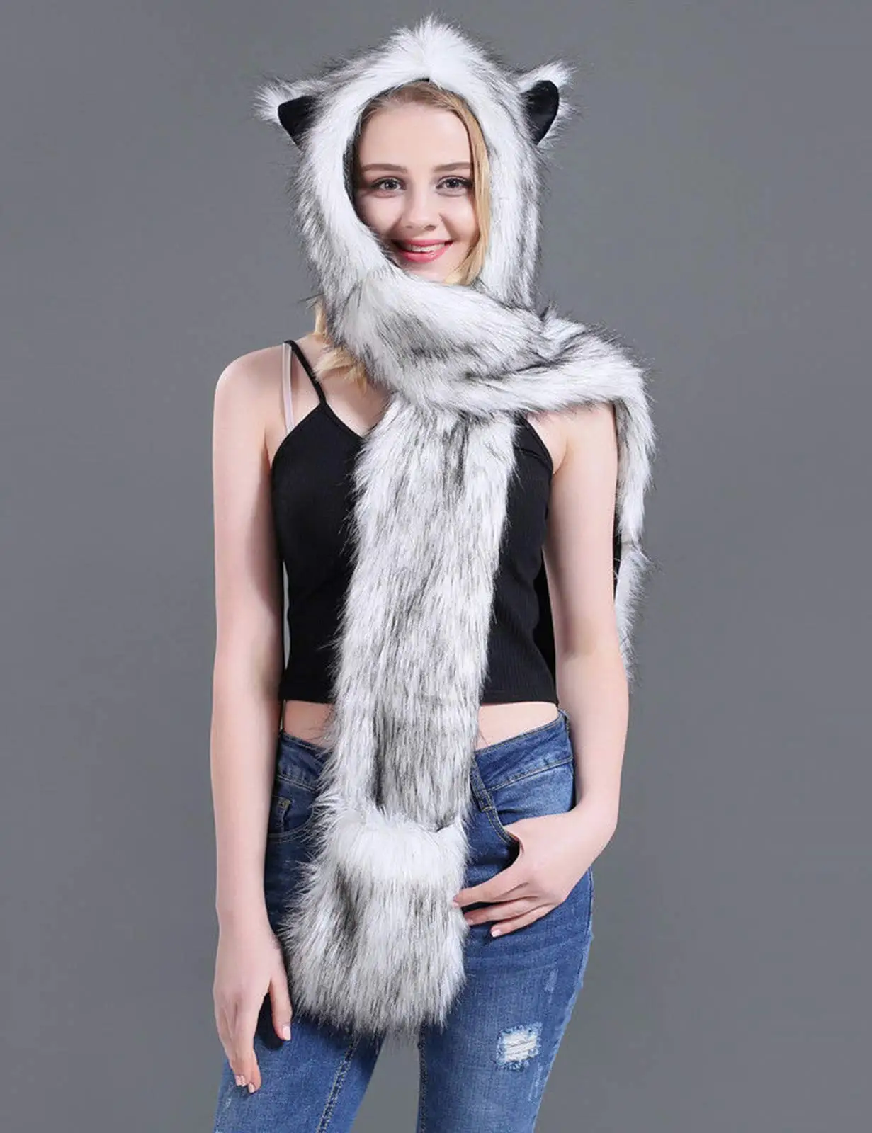 Neve lobo, capa de pele do falso chapéu animal orelha luvas 3 in1 velo com capuz de pelúcia quente earmuff warcraft boné com cachecol luvas