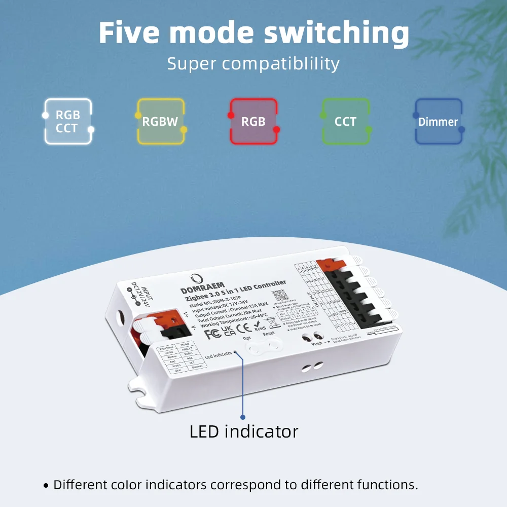 DOMRAEM Zigbee 3.0 Controller per strisce LED 5 in 1 DIMMER CCT RGB RGBW RGBCCT Compatibile con HU*E SmartThings APP Voice 20A Max