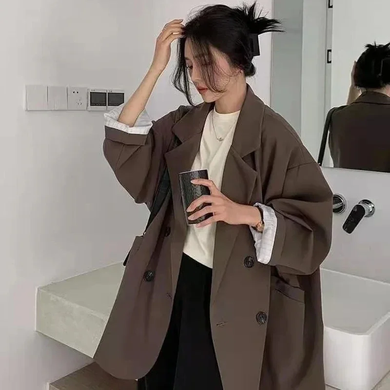Vintage marrom blazer feminino elegante oficial senhoras primavera outono moda manga longa oversized chique casual terno jaqueta 2025