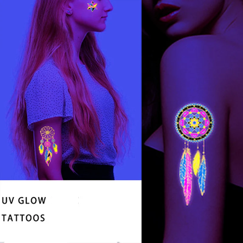 Autocollant Fluorescent tatouages temporaires lumineux autocollants lueur UV tatouage de taureau Fluorescent imperméable pour décalcomanies d'art corporel