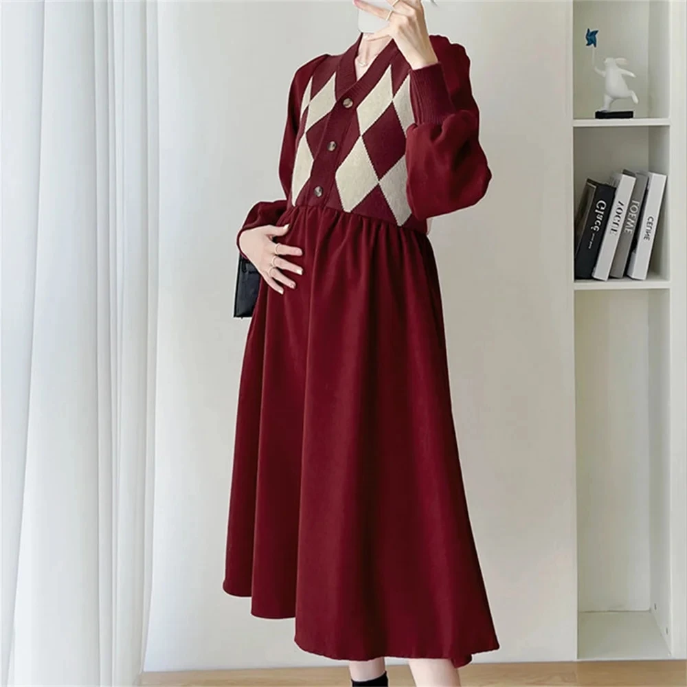 Vestido largo de punto para mujer embarazada, ropa de embarazo, suéter de retazos con cuello en V y botones, otoño e invierno, 2023