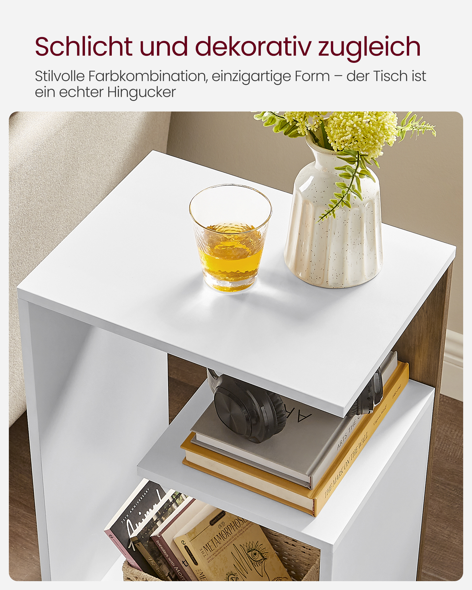 VASAGLE Beistelltisch, Nachttisch, Kleiner Tisch, offen, Regal, mit Stauraum, vertikal oder horizontal benutzbar, modern