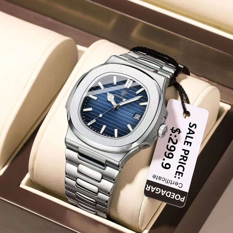 Reloj POEDAGAR clásico azul, reloj de negocios resistente al agua para hombre, reloj luminoso con fecha de acero inoxidable, reloj cuadrado de cuarzo para hombre, reloj para hombre
