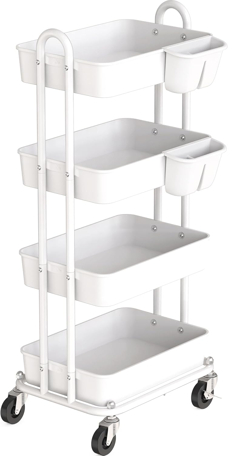 4-Tier Rolling Utility Cart with Hanging Buckets, White
