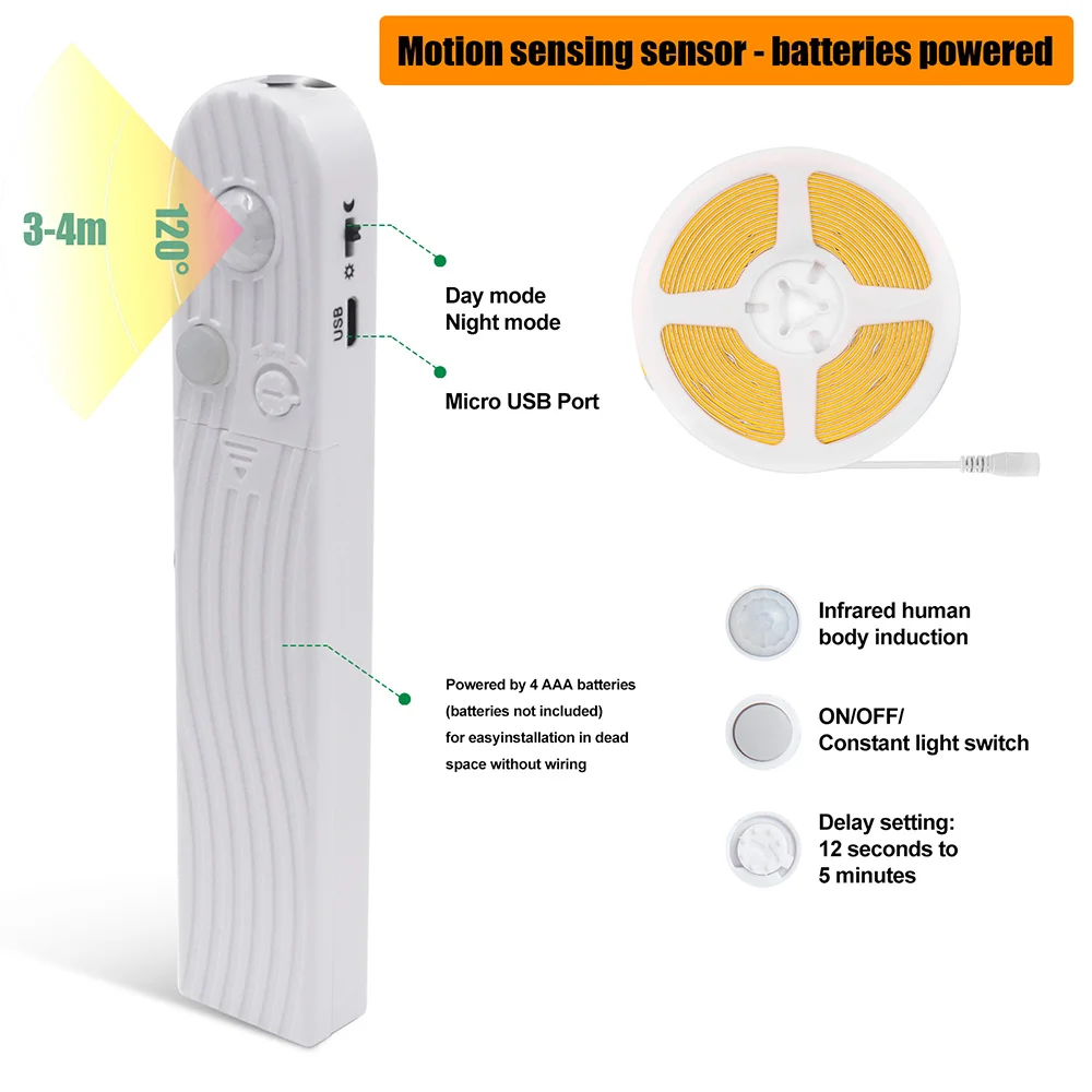 Motion Sensor COB Led Strip Light 5V Induction Lamp DC Battery Powered 320LEDs/m Flexible Tape Warm White Blue Red Pink RA90