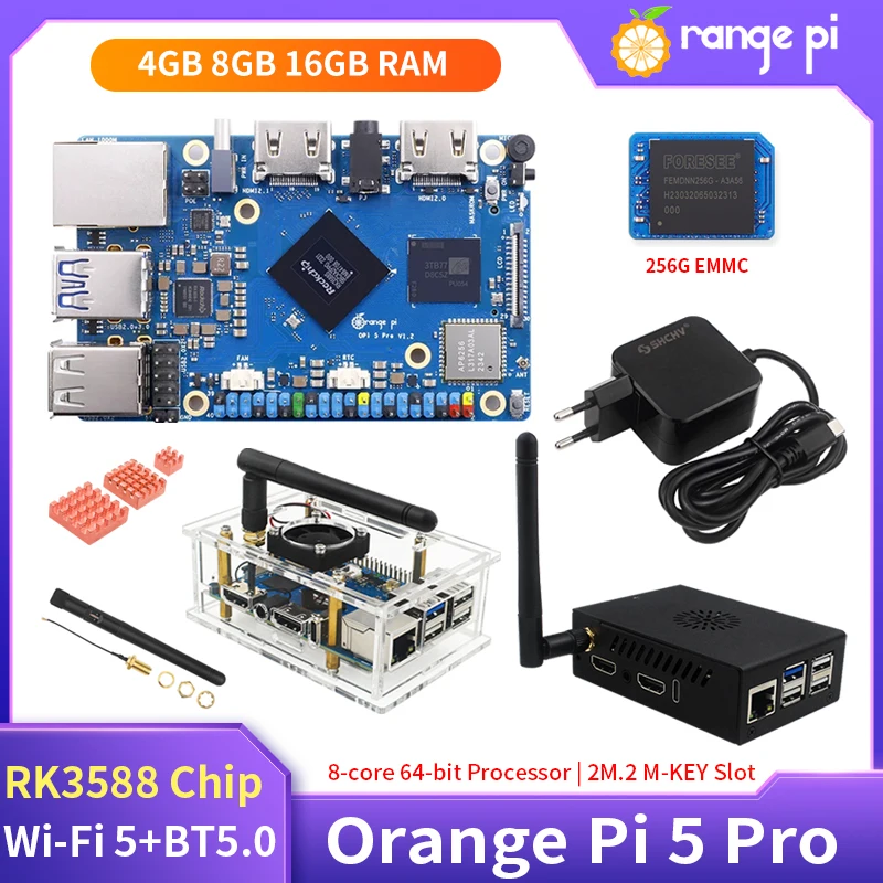 Orange Pi 5 Pro 16 ГБ ОЗУ Rockchip RK3588S 8-ядерный 64-битный Wi-Fi 5 + BT5.0 M.2 M-KEY Слот Gigabit Ethernet Мини-ПК Макетная плата