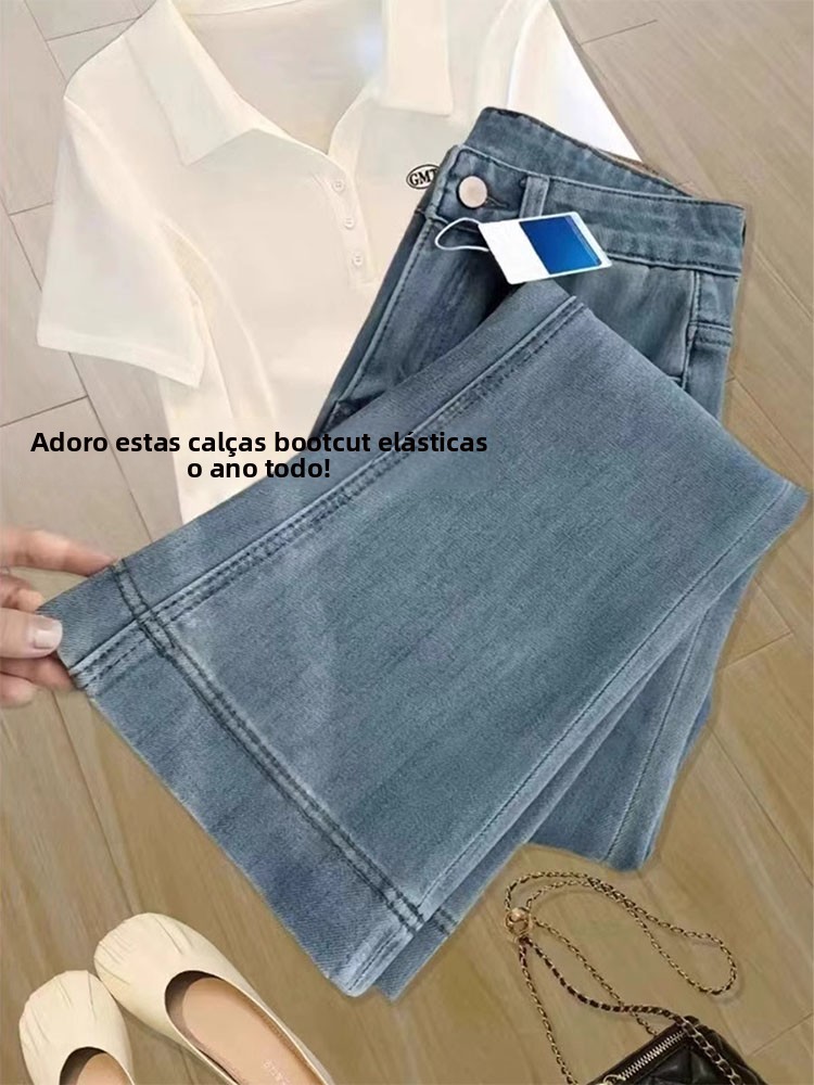 Calças Jeans Micro Flare de Cintura Alta e Elásticas para Mulheres, Tamanho Plus, Crimento até o Tornozelo, Estilo Slim St...