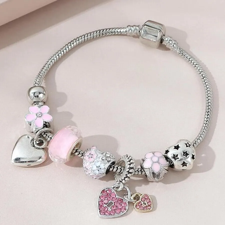 Obega Love Heart Flower Pulsera con colgante de cristal Pulsera clásica con cuentas ajustables de piedra de cristal rosa y blanco Color plata y oro