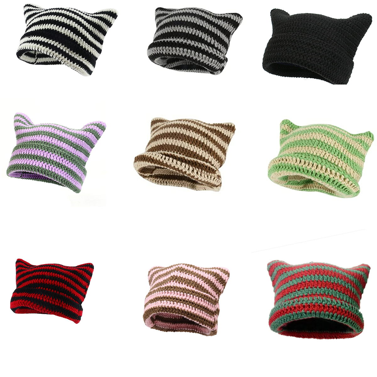 Gorro com orelhas de gato fofo para mulheres inverno listrado coreano punk gótico y2k lã malha streetwear artesanal crochê balde boné