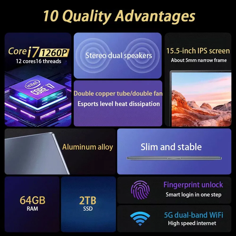 Laptop 15,6 cala Intel Core i9-12900H/i9-10885H Windows 11 Pro 2*DDR4 2*M.2 SSD Ultrabook Komputer Odblokowanie odciskiem palca WIFI5 BT