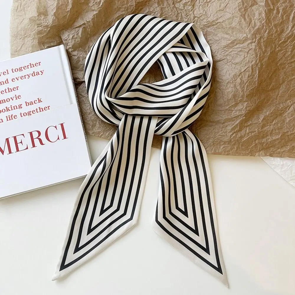 Pañuelo de seda a rayas para mujer, pañuelo de estilo coreano francés, bufanda estampada, chal pequeño y largo