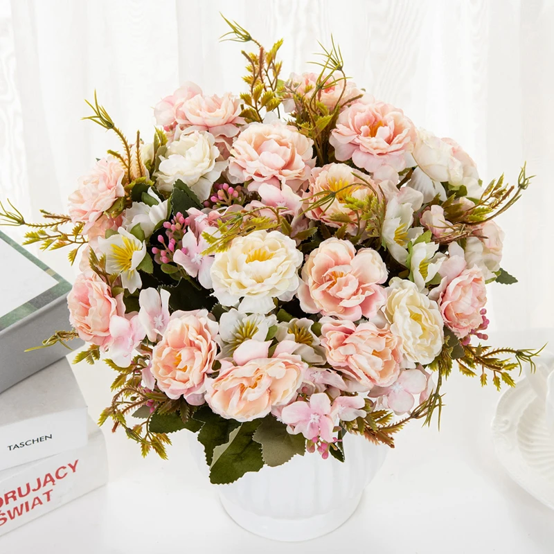 Ramo de flores artificiales para decoración del hogar, 5 tenedores, 8 cabezas, pequeño, peonía, plantas decorativas, coronas, jarrones, accesorios de boda