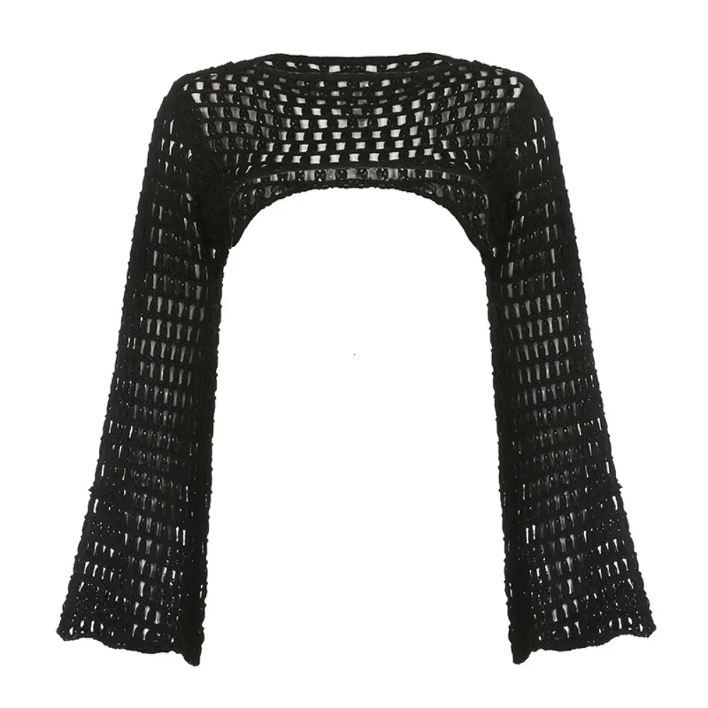 Frauen Y2k Häkeln Stricken Aushöhlen Crop Top Lange Ausgestellte Ärmel Shrug Pullover Mesh Cover Ups Strickjacke Streetwear Pullover Frauen