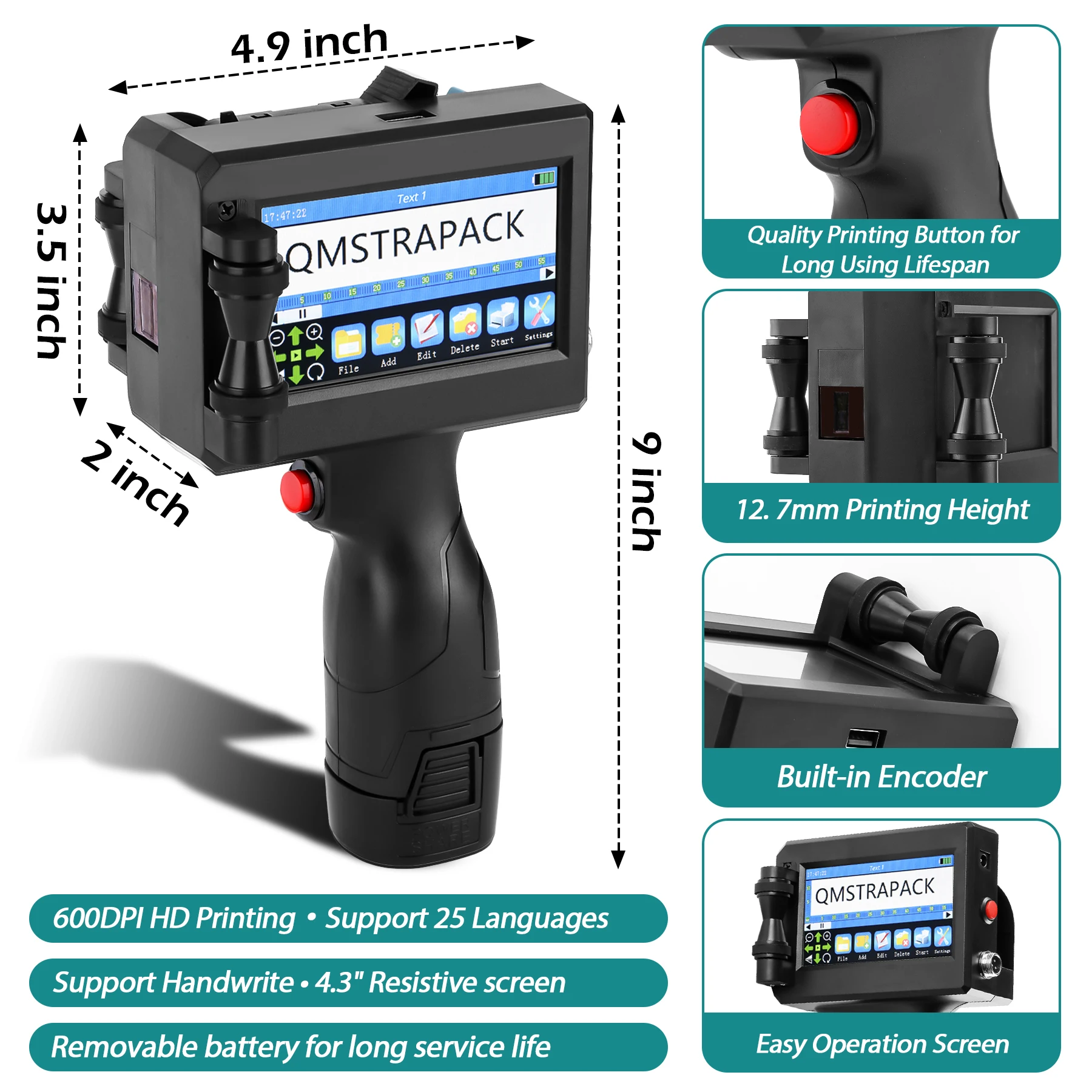 Pistola de impresora de inyección de tinta portátil, 12,7/25,4mm, código de barras QR, lote, fecha, número, logotipo, fecha de caducidad, máquina de codificación, no cifrado, 25 idiomas