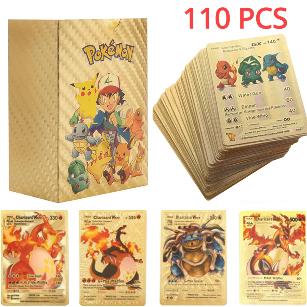 27-110 Uds Pokemon tarjeta de lámina dorada VMAX GX tarjetas inglés francés alemán español Charizard Pikachu Arceus Color Pokémon tarjetas regalo