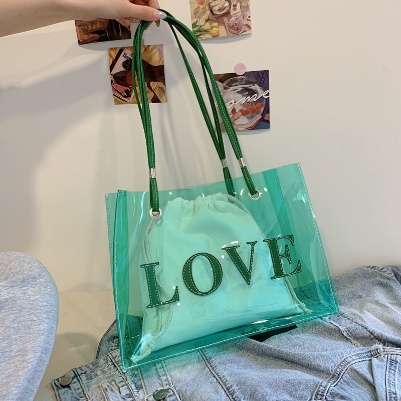 ใหม่แฟชั่น LOVE Letter Splicing โปร่งใสไหล่กระเป๋าสําหรับสตรีกันน้ํา Jelly กระเป๋าเก็บกระเป๋าด้านใน