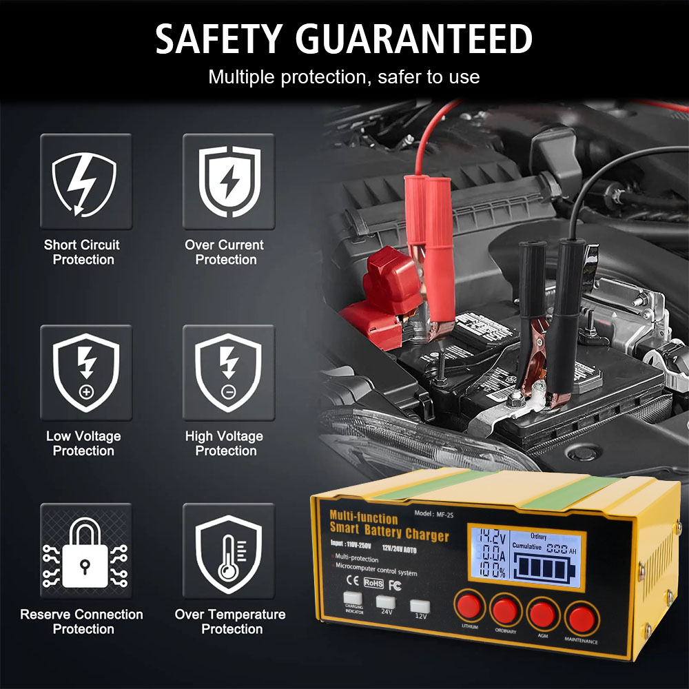 インテリジェントカーバッテリー充電器,12V, 12A, 24V,8.5a,220W, LEDディスプレイ,パルス修理