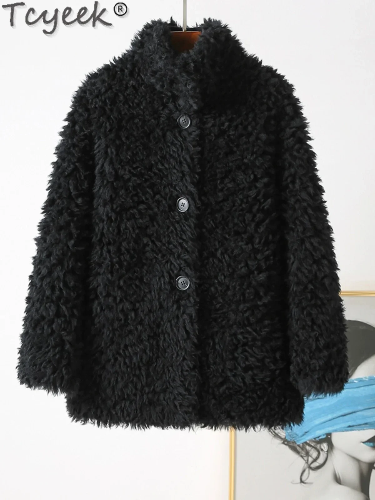 Tcyeek 100% jaqueta de lã quente casaco de shearling de ovelha jaquetas de inverno para mulheres casaco de pele feminino de comprimento médio 2024
