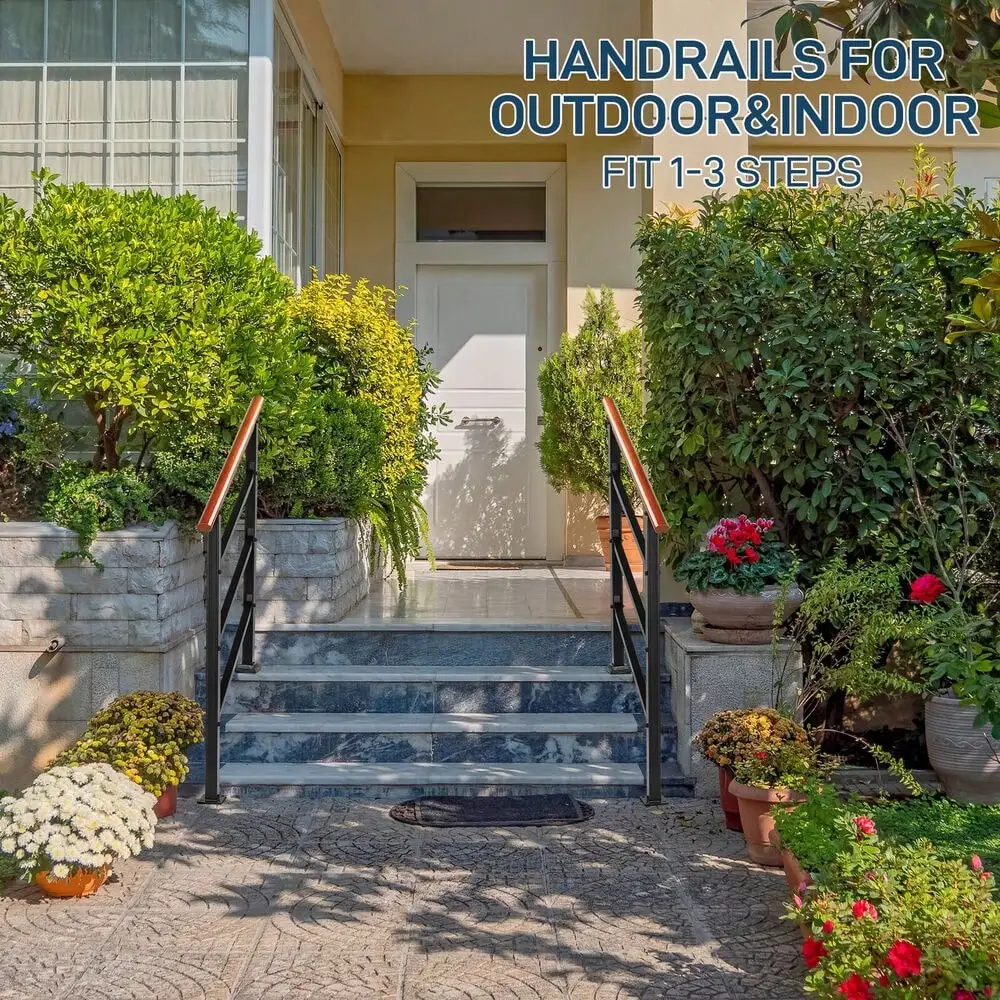 Handrails for Outdoor Steps, Wrought Iron Solid Wood Hand Railing for 1-3 Step
