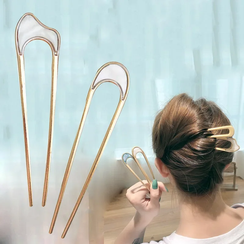 Dames gebruiken elegante schelpglazuurde hoorns in goud en zilver, modieuze, U-vormige metalen haarspelden, haaraccessoires en hoofddeksels