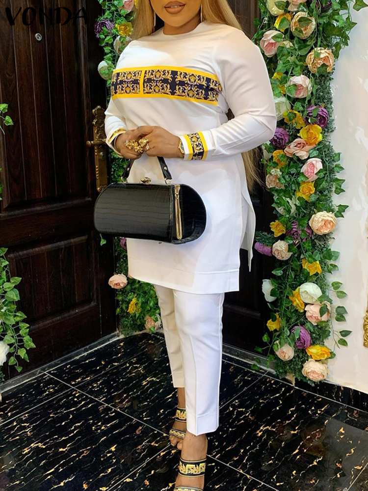 Vonda-ヴィンテージプリントの女性用パンツセット,長袖,エレガントでカジュアル,伸縮性のあるウエスト,パンツとトップス,ラージサイズ,秋,2024