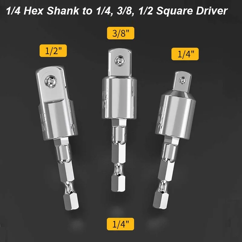 Impact Driver ซ็อกเก็ตอะแดปเตอร์หมุนได้ 360 องศา 1/4 3/8 1/2 ประแจเจาะ Hex สแควร์ชาย Converter Nut ไขควงไฟฟ้า