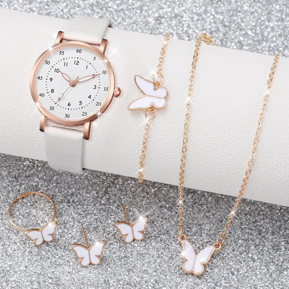 6 ชิ้น/เซ็ตผู้หญิงนาฬิกาควอตซ์แฟชั่นภาษาอาหรับ Dial หนัง Band นาฬิกาควอตซ์ชุดเครื่องประดับ (ไม่มีกล่อง)