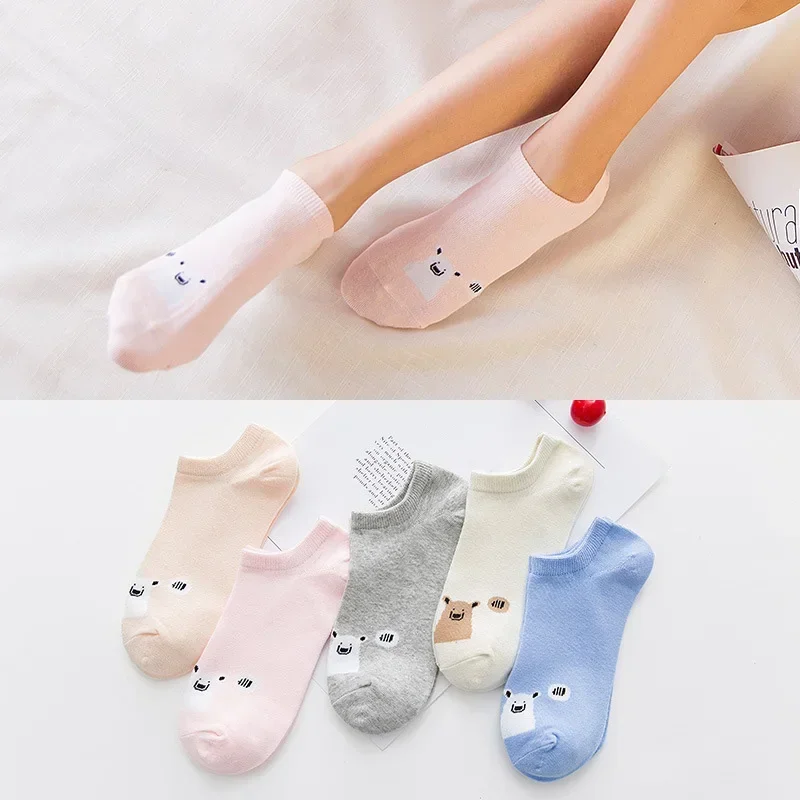 Calcetines tobilleros cortos a la moda para mujer, calcetines náuticos de oso de verano con viñetas de animales, bonitos calcetines Kawaii de algodón transpirables para primavera Harajuku